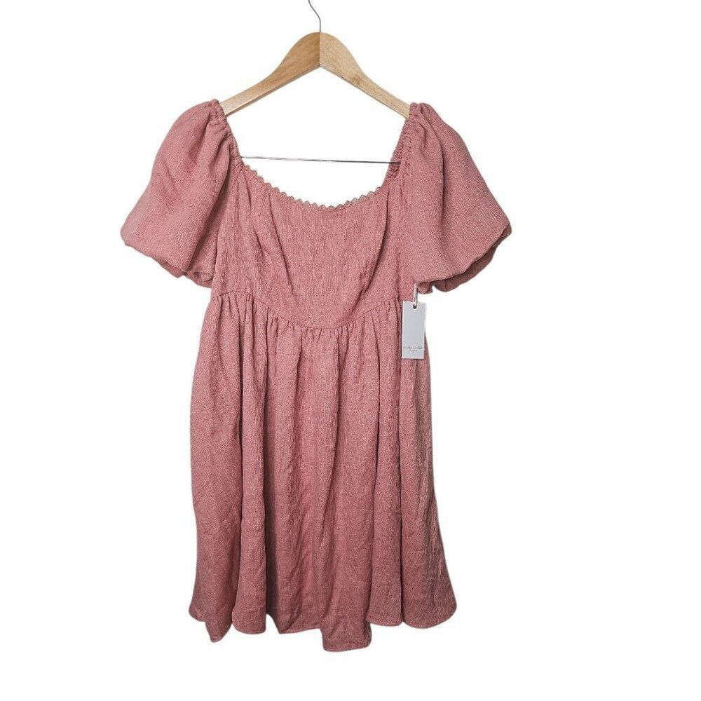 NWT A Collective Story Mauve Pink Baby Doll Mini Dress Puff Sleeves Womens Large